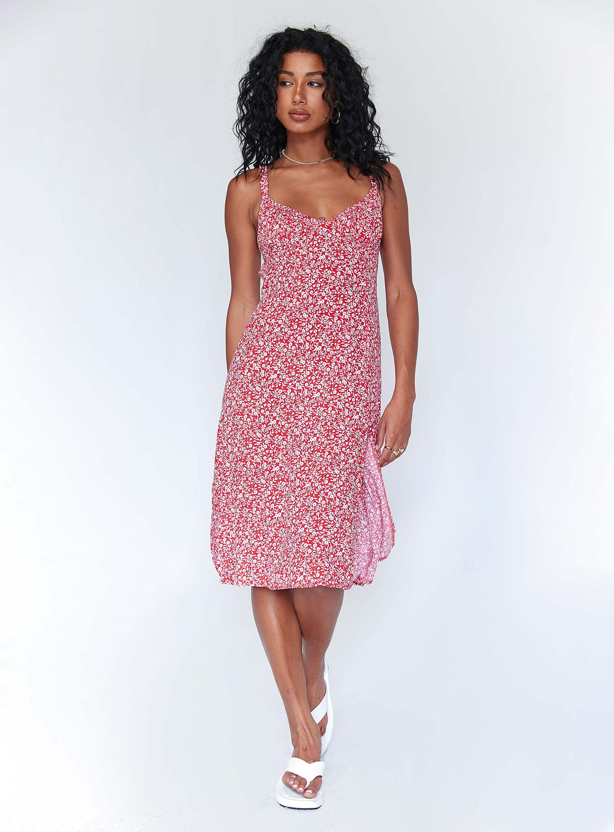 front view of model wearing Princess Polly Georgia Midi Dress Red