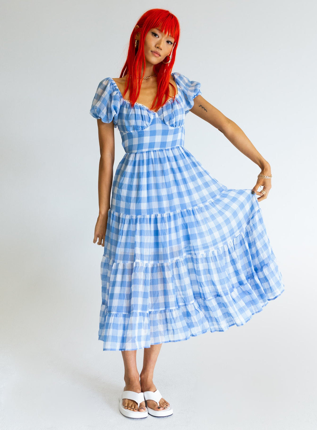 front view of model wearing Princess Polly Danny Midi Dress Blue