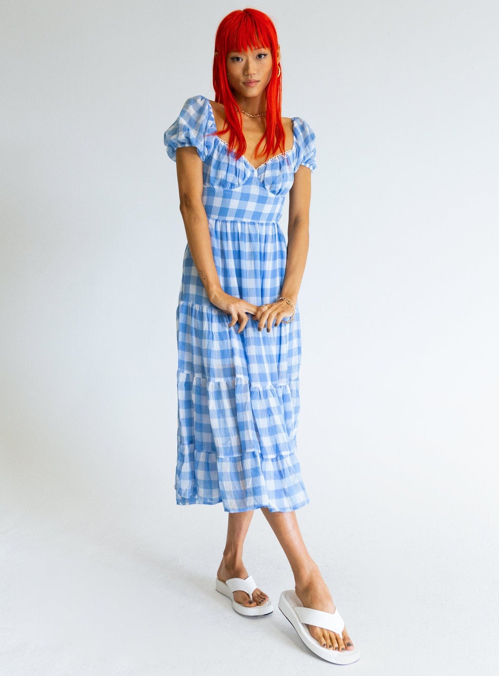 front view of model wearing Princess Polly Danny Midi Dress Blue