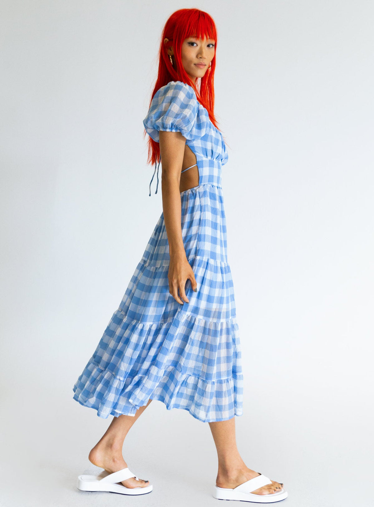 side view of model wearing Princess Polly Danny Midi Dress Blue