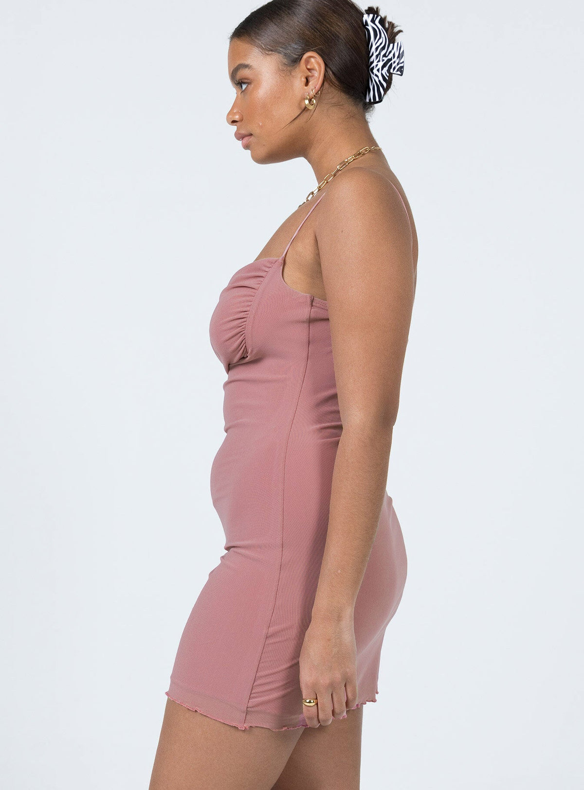 side view of model wearing Princess Polly Sugar Mini Dress Mauve