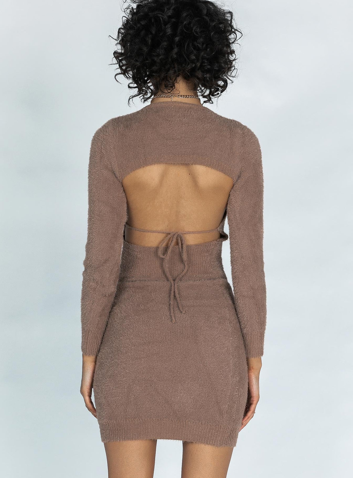 back view of model wearing Princess Polly Dani Mini Dress Brown
