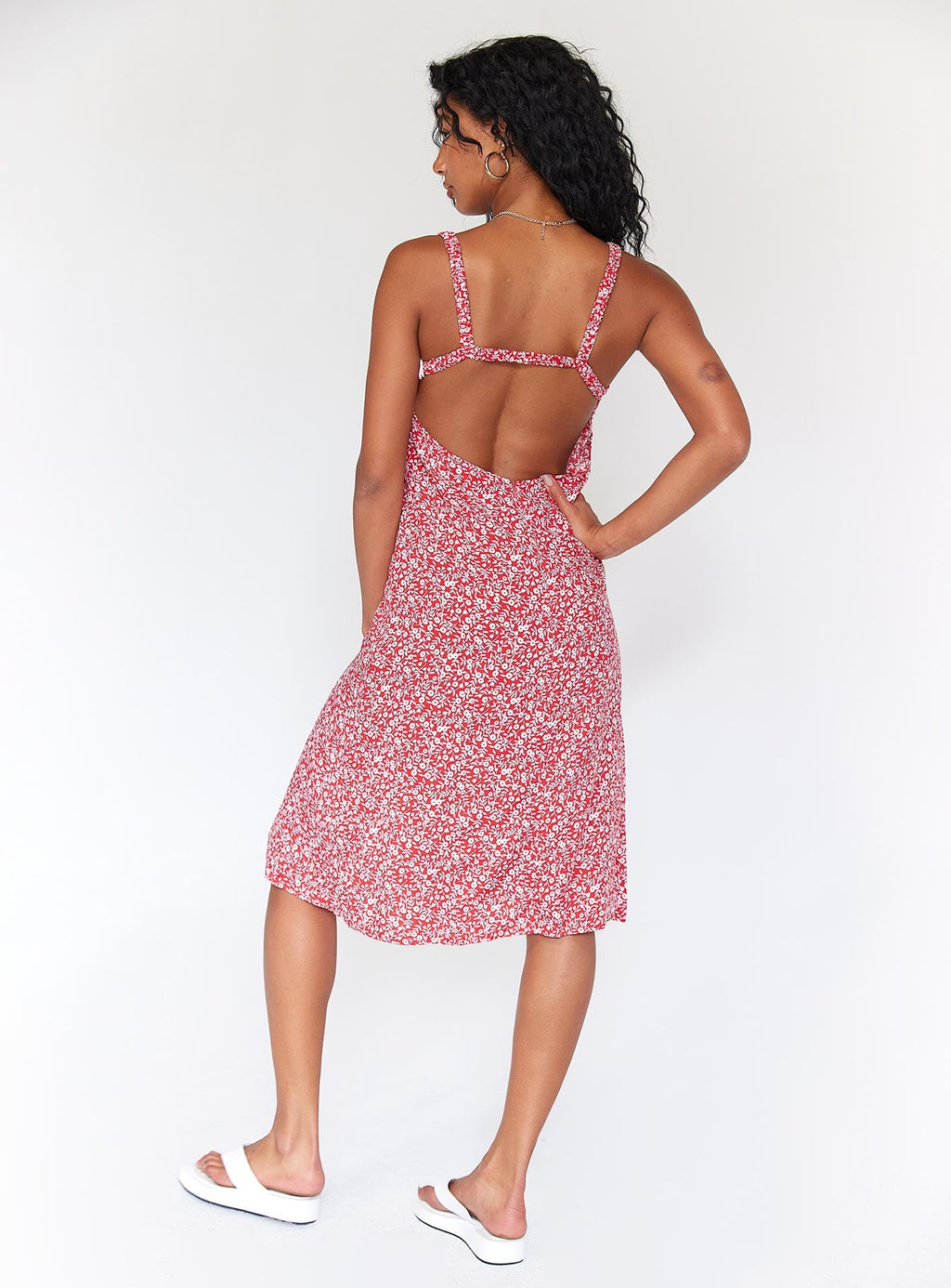 back view of model wearing Princess Polly Georgia Midi Dress Red