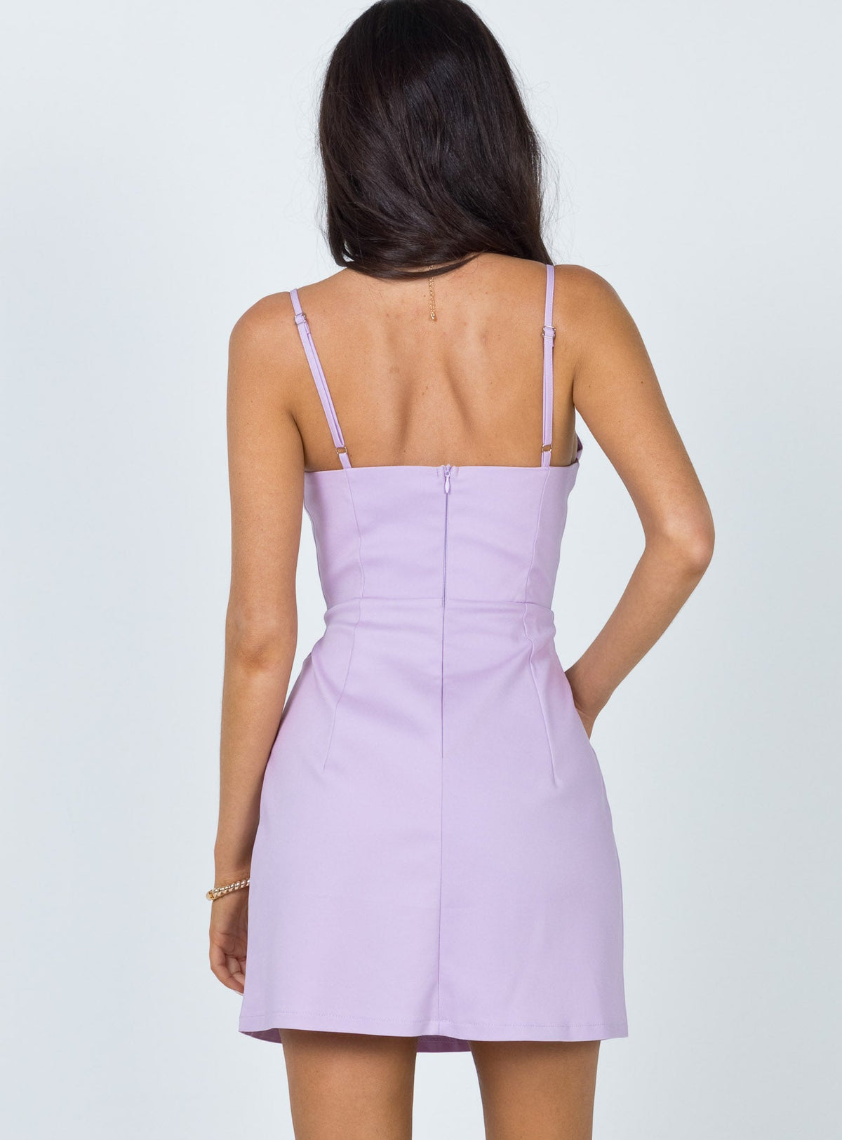 back view of model wearing Princess Polly Novella Mini Dress Lilac