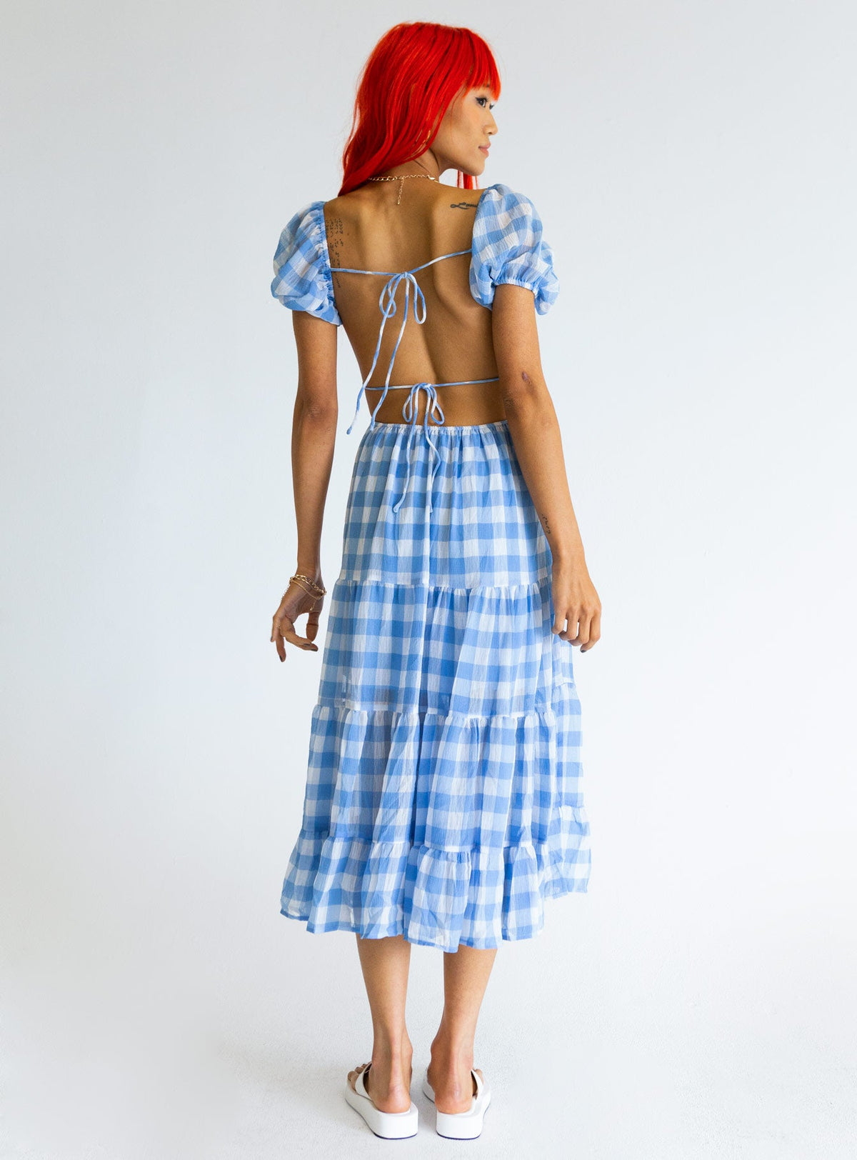 back view of model wearing Princess Polly Danny Midi Dress Blue