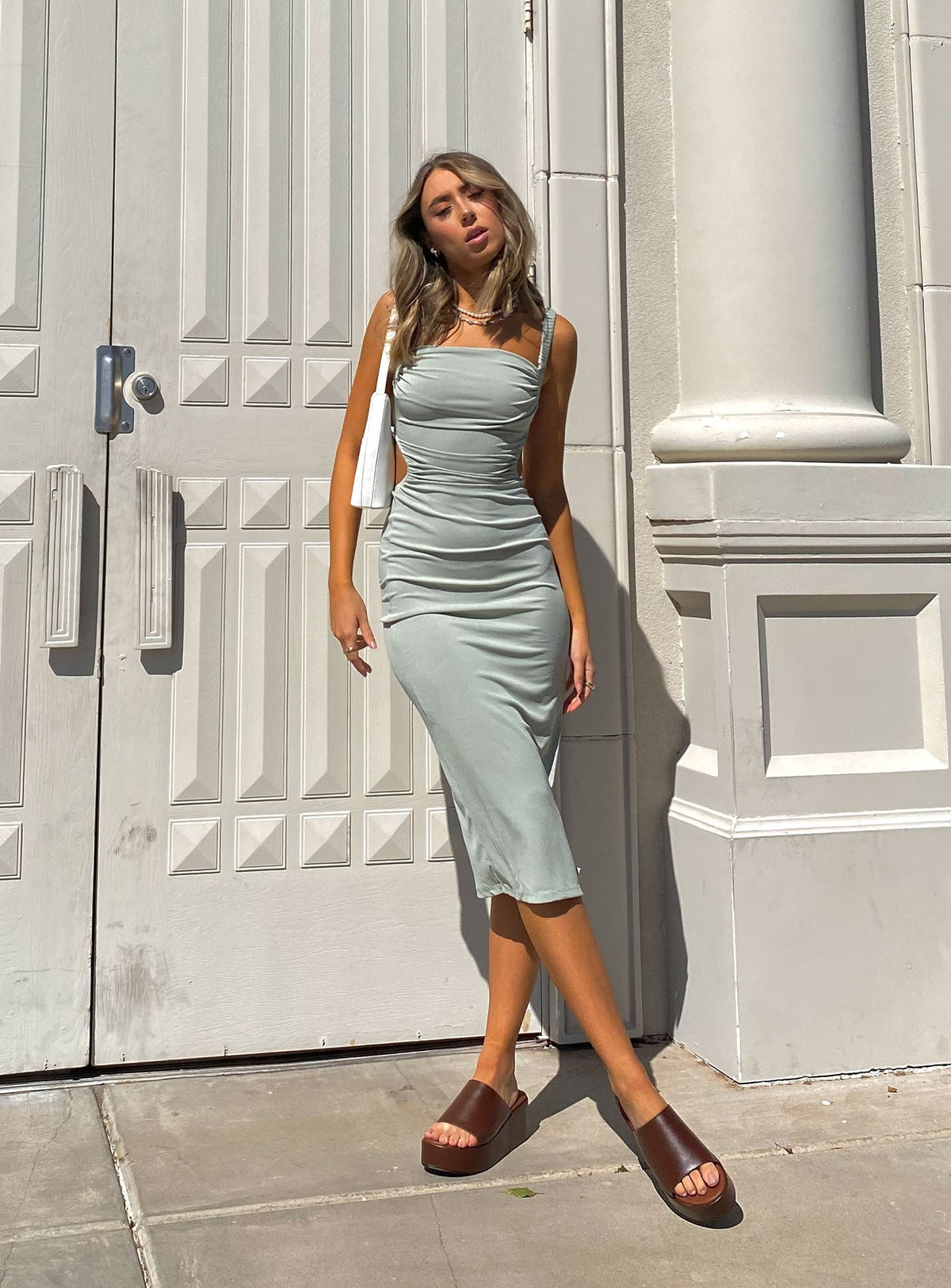front view of model wearing Princess Polly Lainey Midi Dress Sage